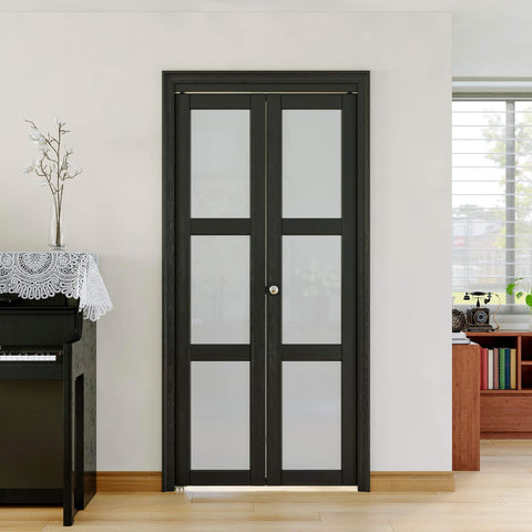 Black finish 36x80 3 lite frosted glass bifold closet door set with hardware kit, pre-assembled interior bifold doors