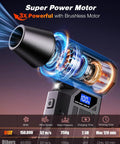 Beast Mode Cordless Air Duster with LED Display showcasing internal motor design and performance specifications.