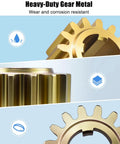Close-up of heavy-duty 16-tooth spur gear metal, showing texture and durability. Text highlights wear and corrosion resistance features.