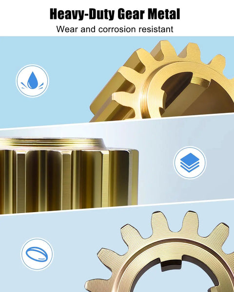 Close-up of heavy-duty 16-tooth spur gear metal, showing texture and durability. Text highlights wear and corrosion resistance features.