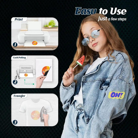 Steps to use Printable Heat Transfer Paper For T Shirts 20 Sheets Eight Point Five By Eleven Inkjet Compatible Iron On shown by girl.