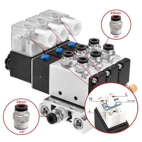 Beefy 4V210-08 Solenoid Pneumatic Valve With AC220V Coil, 5 Way 2 Position Air Control, PT1/4 Ports, 6mm and 8mm fittings