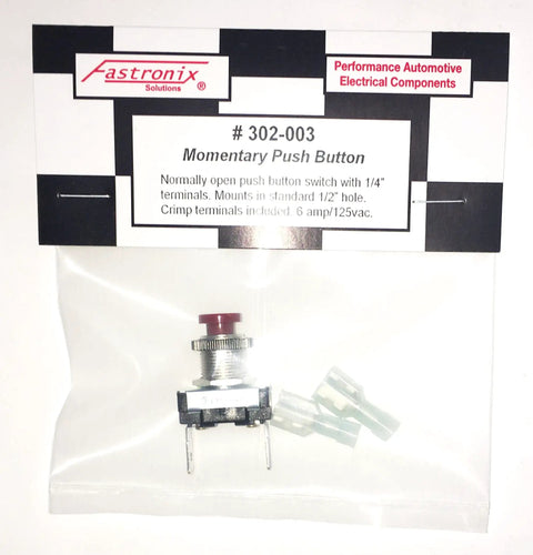 Red Momentary Push Button Switch For AC DC Power in packaging, includes heavy duty nylon crimp terminals, panel mount design visible
