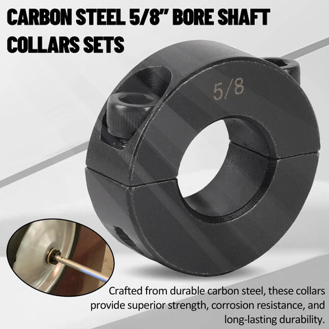 Front view of black carbon steel double-split clamp-on shaft collar with screw, 5/8 in bore.