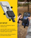 ProGrade CFexpress Type A Single Slot Mobile Card Reader With USB C 3.2 Gen 2 connected to iPhone for fast on-the-go file transfers.