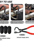 Universal Exhaust Hanger Removal Tool And 4 Holes Rubber Kit with pliers and rubber hangers in use, 5 piece kit demo