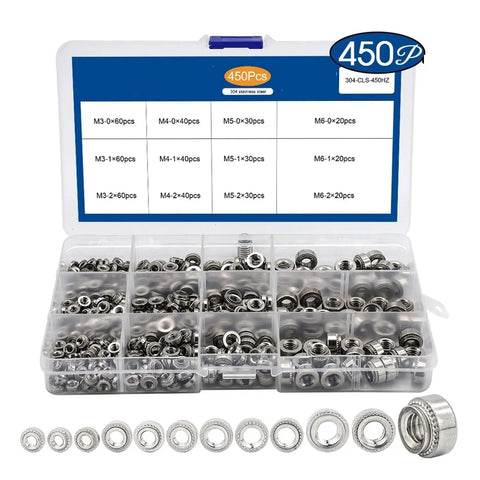 450 Piece Self Clinching Nut Assortment Kit Crafted From Top Shelf 304 Stainless Steel Featuring Rock Solid Swage Press Fit Design In M3 M4 M5 M6 Threads Ready To Nail Sheet Metal Repairs And Garage Builds