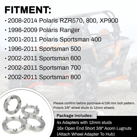 Beefy 1 Inch Wheel Washers for 4x156mm Bolt Pattern and ATVs, in front of RZR with fitment details.