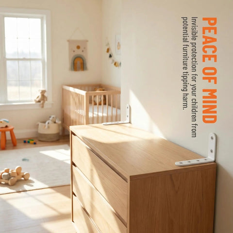 Heavy Duty Furniture Wall Anchors Rock Solid Baby Proofing Kit locks down dressers with white steel brackets in a nursery setting.