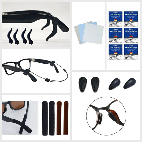 Smart Glasses Accessory Kit With 4 Pairs Non Slip Nose Pads Adjustable Anti Drop Lanyard Temple Tips Leg Socks and Cleaning Cloths