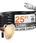 Heavy Duty 25 Ft Outdoor Extension Cord With 3 Outlets And Indicator Light 12 Gauge SJTW Weatherproof Power Splitter Cord