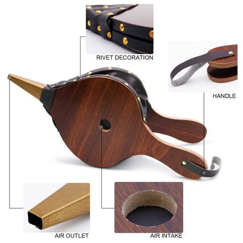 Top Shelf Wooden Fireplace Bellows With Heavy Leather Strap Brown Air Blower Pump, 17x7.5 inches, showing rivet decoration and air outlet.