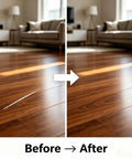 Before and after of scratched wood floor showing Natural Wood Polish And Scratch Repair Balm No Sweat Quick Fix Furniture Wax.