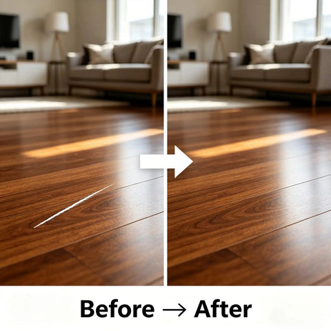 Before and after of scratched wood floor showing Natural Wood Polish And Scratch Repair Balm No Sweat Quick Fix Furniture Wax.