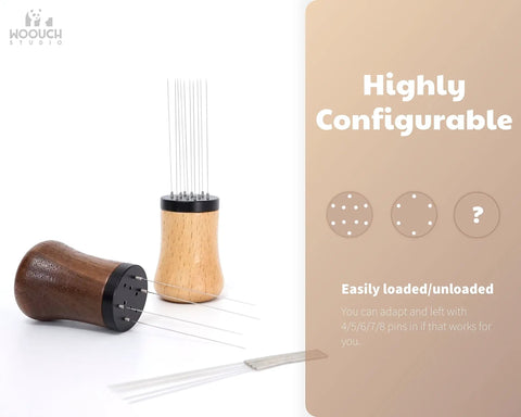 Espresso Distribution Tool With 10 Needles 0.35mm Stainless Steel Natural Ash Wood Handle Removable Needle Design Stand