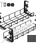 Under Desk Cable Management Tray 31.5 Inch No Drill Heavy Duty Steel Wire Organizer Clamp Mount Adjustable Metal Tray Black 2 Pack For Home Office Desk Cable Cleanup with accessories