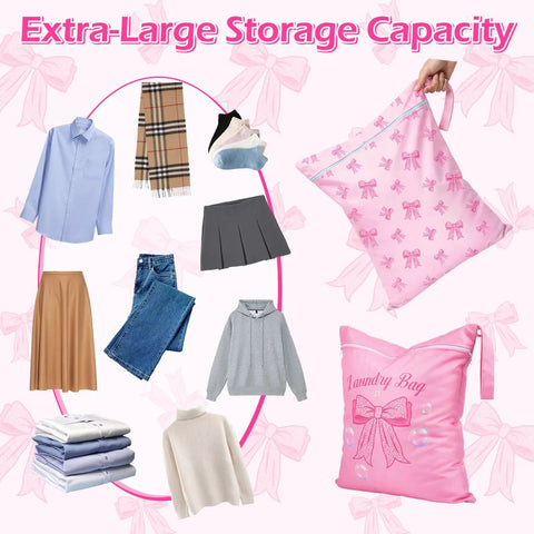 Large Waterproof Travel Laundry Bag Set For Wet Dry Gear with pink bow, showcasing extra-large storage capacity.