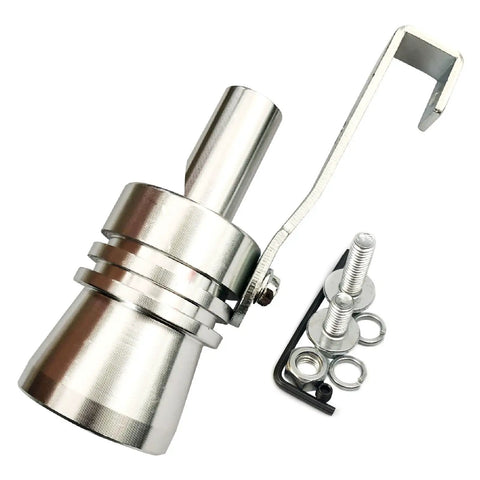 XL Size Aluminum Alloy Universal Turbo Sound Exhaust Muffler Pipe Whistle Car Roar Maker 2 Pack Silver Tone with accessories shown.