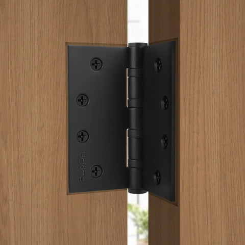 304 Stainless Steel Matte Black Exterior Door Hinges With Ball Bearing on wooden door, 4 Inch Square Corner.