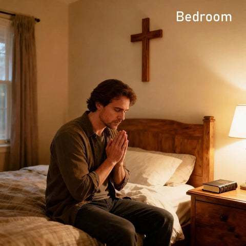 Person praying beside a wooden bed with a cross on the wall and a lamp and book on the nightstand in a bedroom.