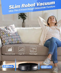 Image of Ultra Slim 2.8 Inch Robot Vacuum And Mop That Runs Quiet At 65 Decibel No Tangle Design Smart 3D Obstacle Avoidance cleaning under couch.
