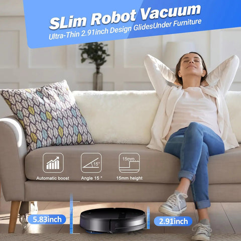 Image of Ultra Slim 2.8 Inch Robot Vacuum And Mop That Runs Quiet At 65 Decibel No Tangle Design Smart 3D Obstacle Avoidance cleaning under couch.