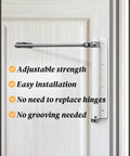 Automatic Door Closer For Lightweight Doors Under 100 Lbs With 150 Degree Spring Hinges installed on a door, showing arm and latch.