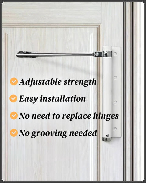 Automatic Door Closer For Lightweight Doors Under 100 Lbs With 150 Degree Spring Hinges installed on a door, showing arm and latch.