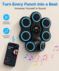 Wall Mounted Boxing Trainer With 3D Uppercut Targets featuring smart musical boxing machine with blue targets and music notes.