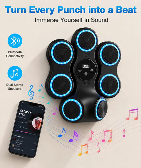 Wall Mounted Boxing Trainer With 3D Uppercut Targets featuring smart musical boxing machine with blue targets and music notes.