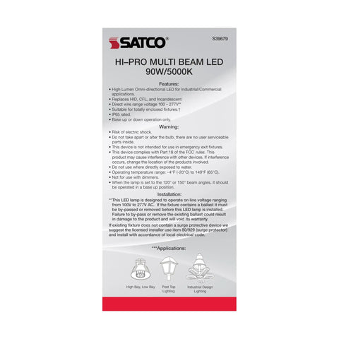 Hi-Pro Multi-Beam LED Lamp packaging showing specifications and safety warnings.