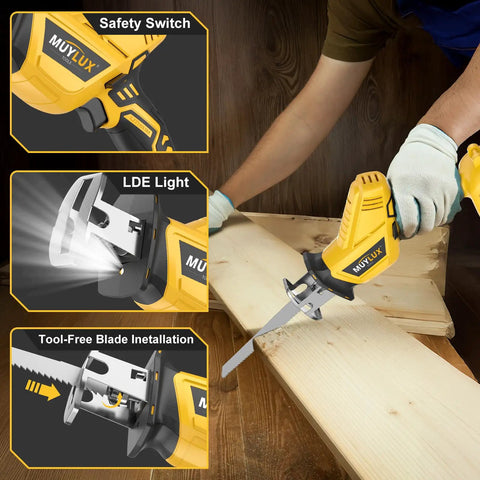 Cordless Reciprocating Saw With 20V Battery And Charger Variable Speed 0 to 3500 SPM Tool Free Blade Change Includes 4 Blades