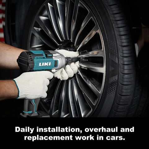 Person using 1/2 Inch Brushless Cordless Impact Wrench Kit With 300 Ft Lb High Torque And 3000 RPM on car wheel
