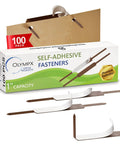Premium Self Adhesive Prong Paper Fastener Bases With One Inch Capacity For Clean File Organization And A Boss Level Secure Clip For Your Paperwork, 2.75 Inch Center, 100 Pack By Olympx, shown in packaging and partially assembled.