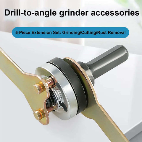 Close-up of a 10Pcs Electric Drill Angle Grinder Connecting Rod Set showing rotary driver shaft adapter and spanner.