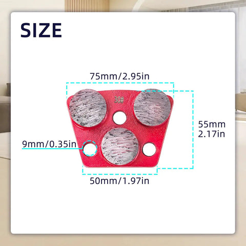 3 Piece Trapezoid Diamond Grinding Disc Set 30 Grit For Floor Grinding Pads Concrete Granite Marble Stone Polishing M9 Mounting Hole Includes Long Teeth Arrow Teeth And Cylindrical Teeth Red For Roughing And Smoothing Floors, showing size dimensions