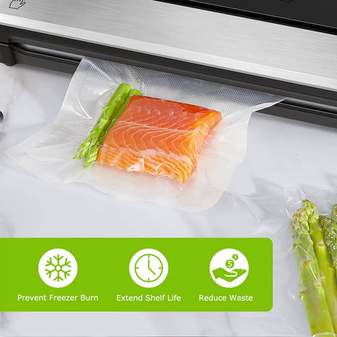 Salmon and asparagus in Precut Vacuum Sealer Bags 8x12 Inches Pro Grade BPA Free Textured Embossed Thick for Storage and Sous Vide Cooking