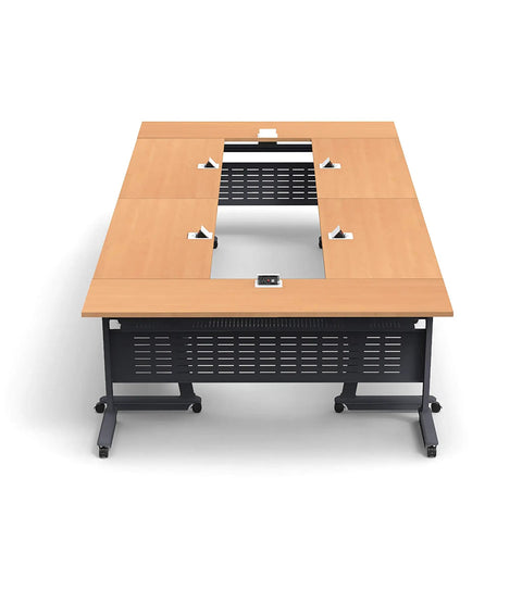 12 Person Beech Folding Classroom Tables Set With Power Bar And USB Outlet, Modesty Panel, Shelf And Nesting Storage