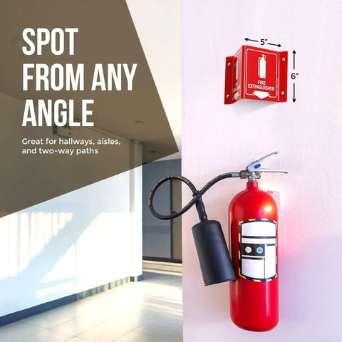 Fire Extinguisher Projecting Sign With Arrow, 6-Inch White On Red Polished Acrylic Sign For Hallways Corridors And Lobby mounted on wall