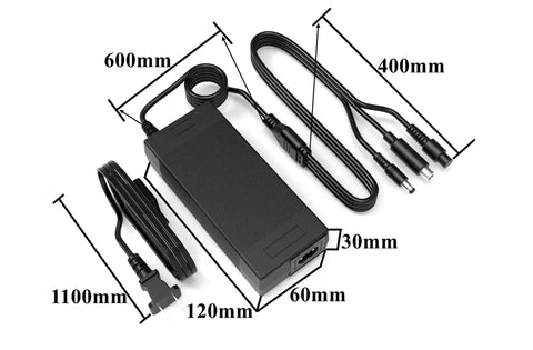 42V 2A Replacement Charger For 36V Ebike And Electric Scooter Batteries Universal Three Port Charger dimensions shown