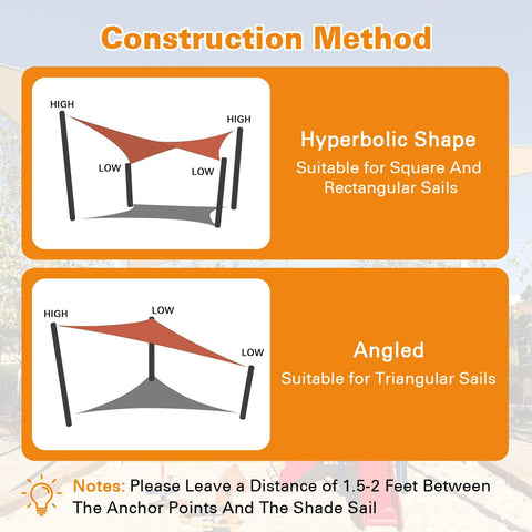 Diagram showing construction methods for Rust Red Sun Shade Sail 11x25 Feet Custom Size Rectangle Canopy Cover With 95 Percent UV Blocking.