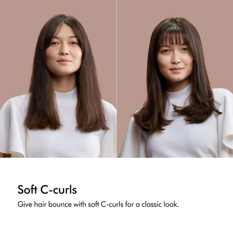 Person with long straight hair and person with C-curls achieved using Supersonic Hair Dryer In Ceramic Pink And Rose Gold For Ultrafast Drying Lightweight Ergonomic Design With No Heat Damage And Smoother Styling Anywhere Like A Salon Session At Home