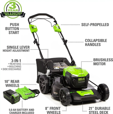 40V 21-Inch Self-Propelled Lawn Mower With Brushless Motor And Traction, 8-Inch Front Wheels Rear-Wheel Drive in green color