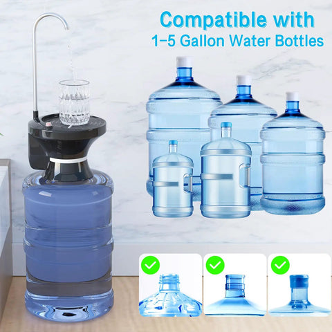 USB Rechargeable Automatic Water Dispenser Pump For 1 To 5 Gallon Jugs, hands free, no spill, stainless steel intake shown installed