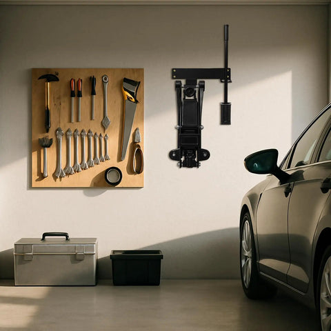 Wall Mount Jack Stand Organizer For Hydraulic Floor Jacks installed in garage next to tool rack and car