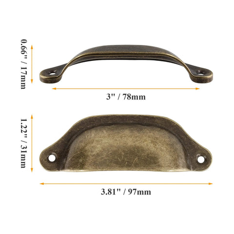 Antique Bronze Cup Drawer Pulls 3 Inch Hole To Hole Cabinet Handles With Two Mounting Holes 20 Pack Durable Iron Hardware dimensions