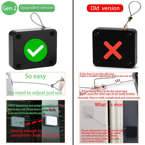 Comparison of Punch Free 1000g Automatic Screen Door Closer Gen 2 vs Old Version with features and adjustment instructions.