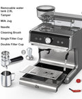 Professional Home Espresso Machine With Quick Grind Core And Rich Milk Frother, 20 Bar Pump For Pulling Tight Shots, 30 Grind Settings And Dual Cup Setup with parts and accessories.