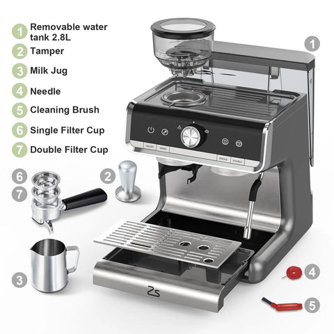 Professional Home Espresso Machine With Quick Grind Core And Rich Milk Frother, 20 Bar Pump For Pulling Tight Shots, 30 Grind Settings And Dual Cup Setup with parts and accessories.