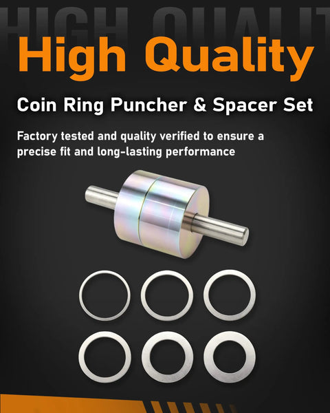 Solid Coin Ring Center Punch Kit With Six Interchangeable Spacer Rings Fits Silver Quarters Golden Dollars And Flat Metal Blanks with puncher and rings